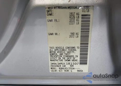 2018 Nissan Altima 2.5 Sl z USA, uszkodzony, nr VIN 1N4AL3AP6JC181507